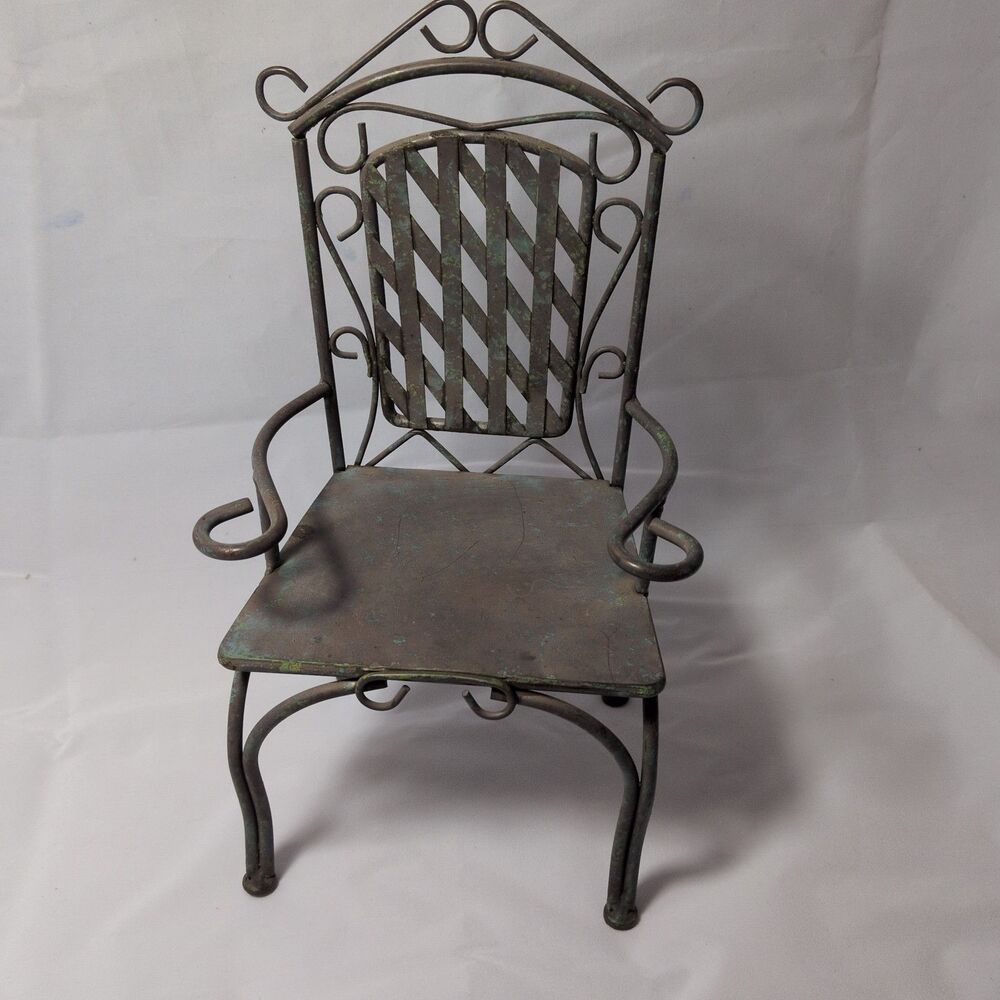 Rare! Vintage Doll Size Light Grey Wrought Iron Outdoor Chair 11" tall